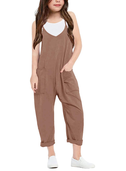 Jumpsuits Spaghetti Strap Sleeveless Loose Romper Long Pants with Pockets Kids Clothes Khaki