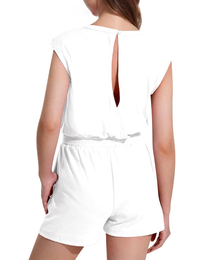 Witwot Girls Jumpsuit Shorts Crew Neck Sleeveless Romper with Pockets, White, 13-14Y